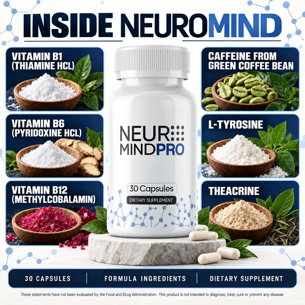 The vendor's Inside Neuromind Pro graphic naming six of the panel's actives